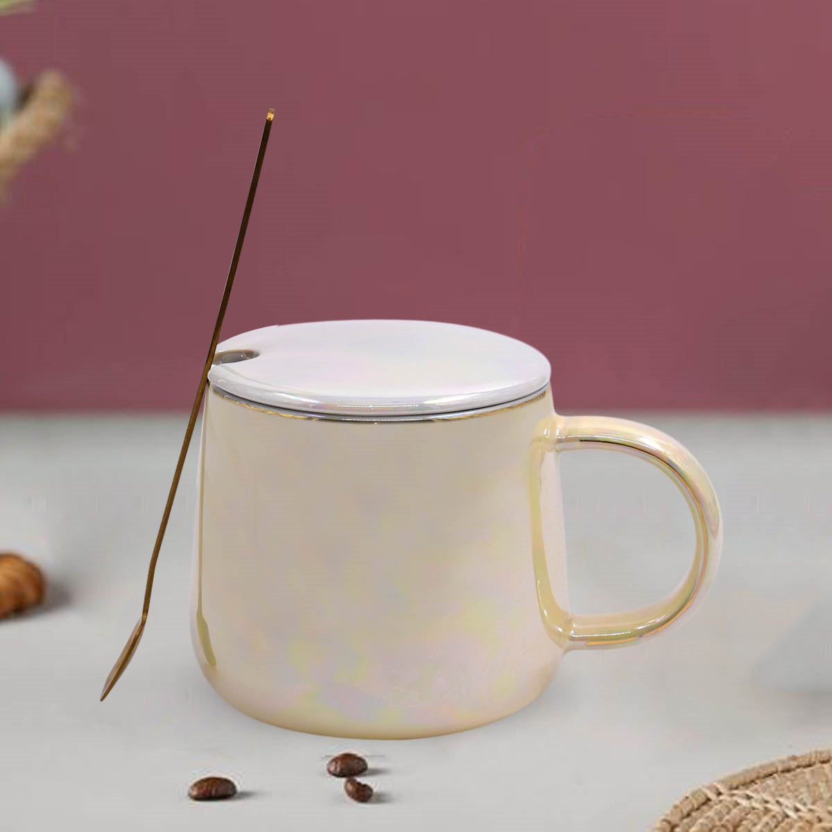 Fancy Ceramic Coffee or Tea Mug with Lid and Handle with Spoon (8434)
