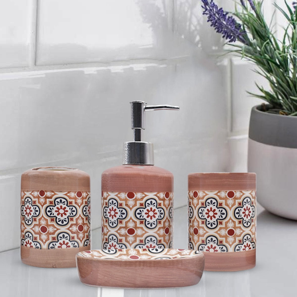 Ceramic Bathroom Accessories Set of 4, Modern Bath Set with Liquid handwash Soap Dispenser and Toothbrush holder, Luxury Gift Accessory for Home (8472)