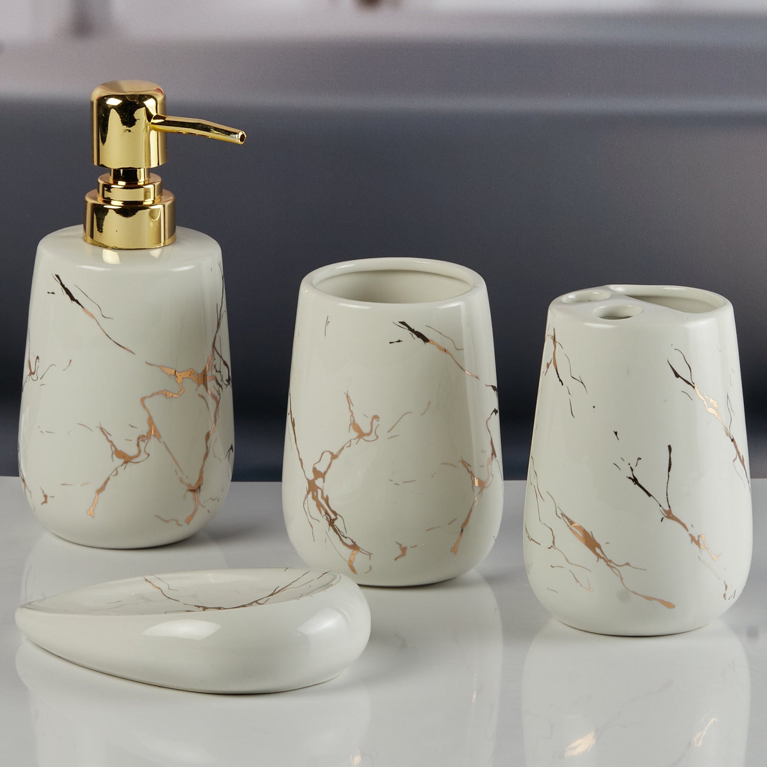 Ceramic Bathroom Accessories Set of 4, Modern Bath Set with Liquid handwash Soap Dispenser and Toothbrush holder, Luxury Gift Accessory for Home (8842)