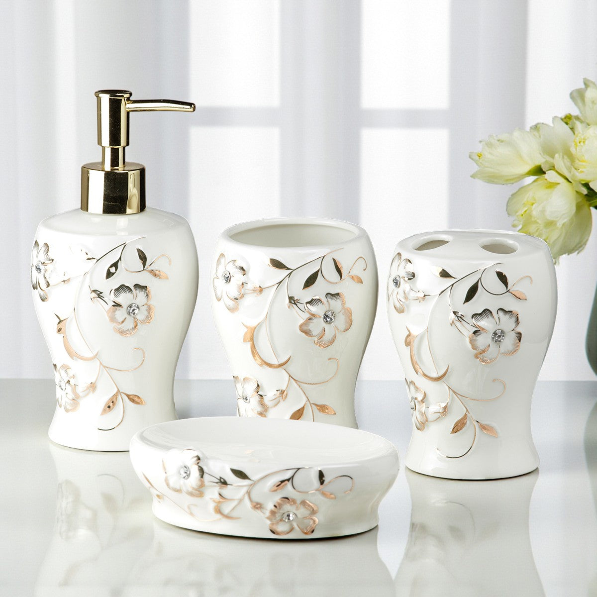 Ceramic Bathroom Accessories Set of 4 with Soap Dispenser (10094)