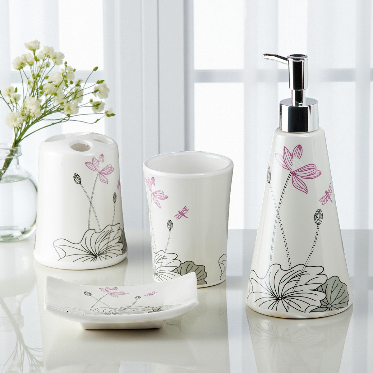 Ceramic Bathroom Accessories Set of 4 with Soap Dispenser (10114)