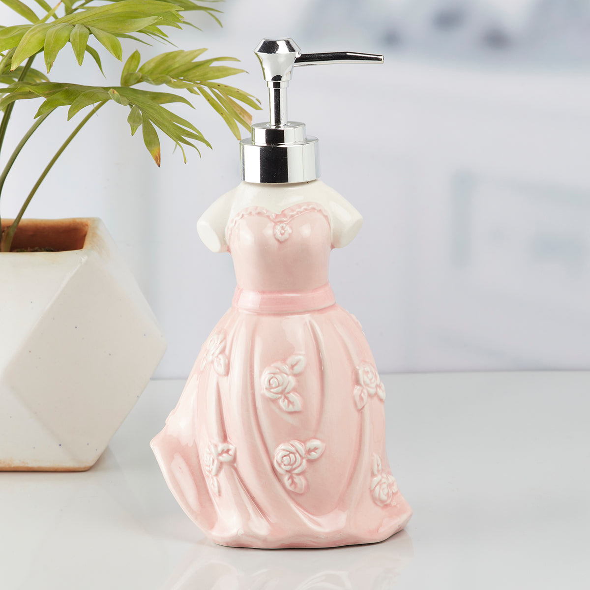 Ceramic Soap Dispenser handwash Pump for Bathroom, Set of 1, Pink (10160)