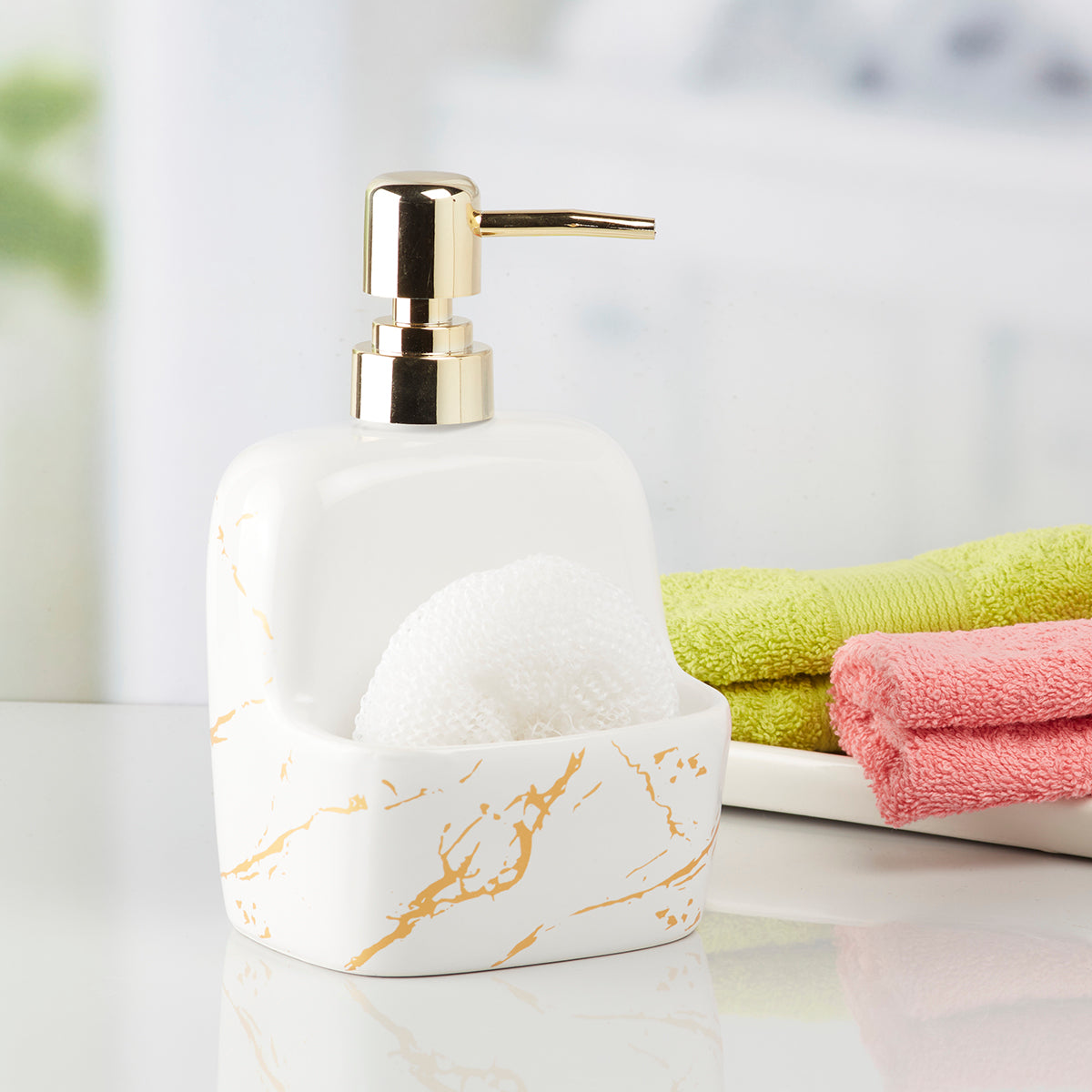 Ceramic Soap Dispenser handwash Pump for Bathroom, Set of 1, White/Gold (10204)