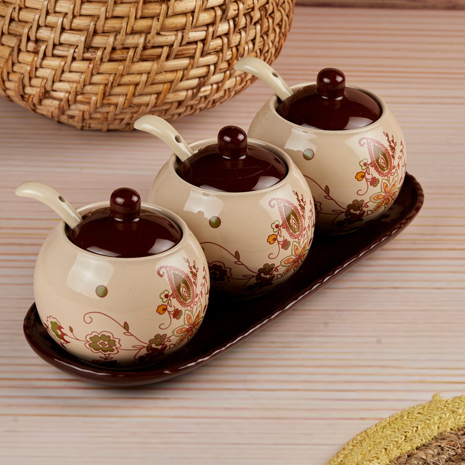 Ceramic Condiment Jars and Containers Set of 3 with Tray and Spoon for Kitchen (10680)