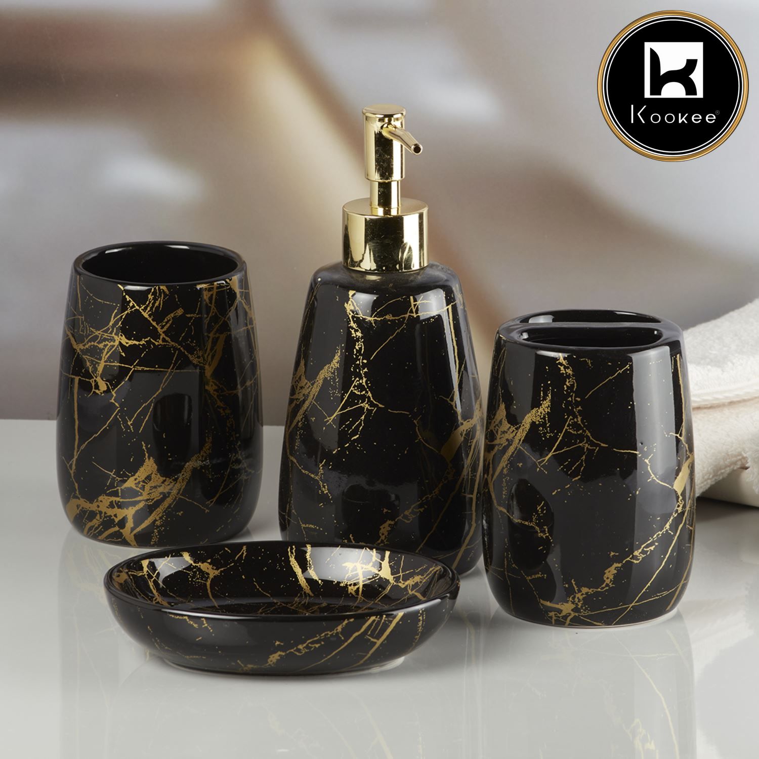 Ceramic Bathroom Set of 4 with Soap Dispenser (8062)