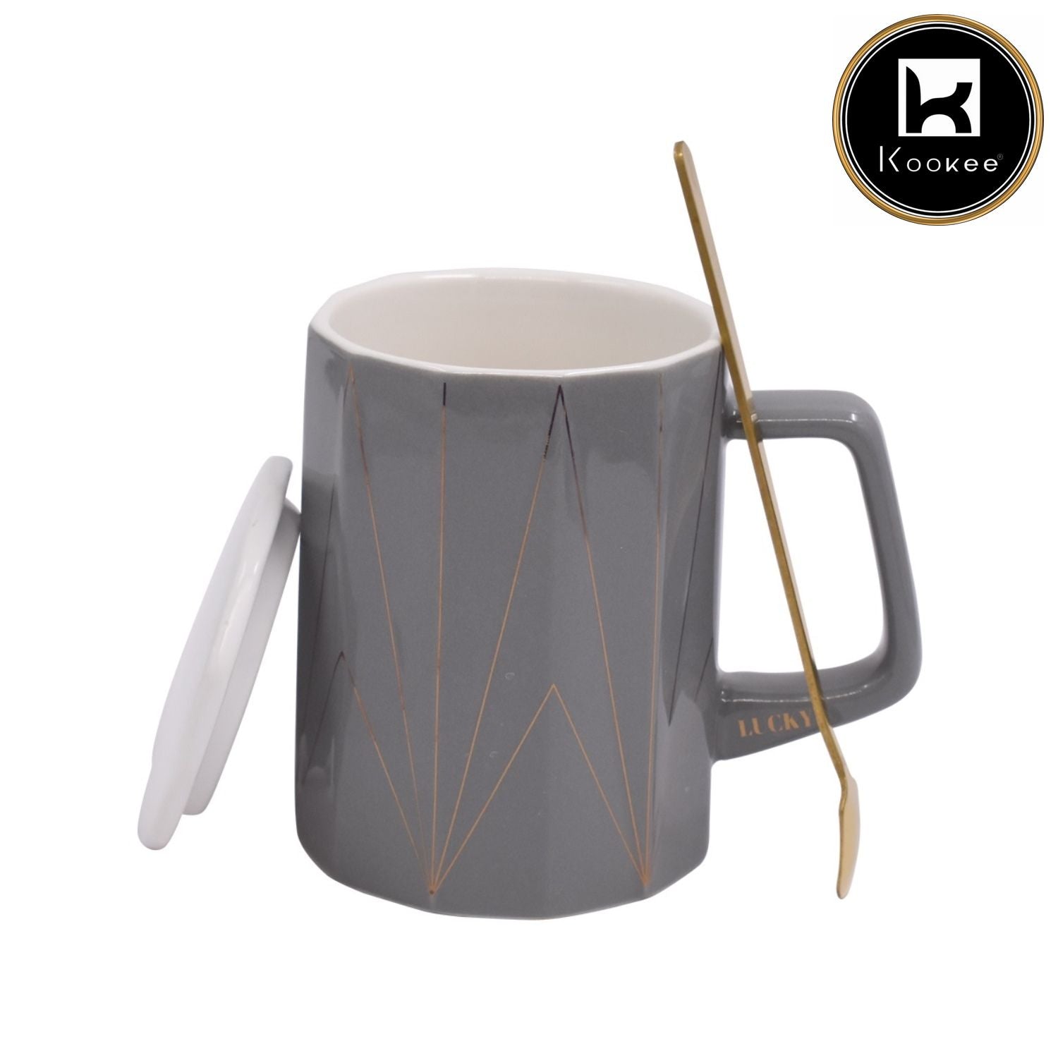 Fancy Ceramic Coffee or Tea Mug with Lid and Handle with Spoon (1011-B)