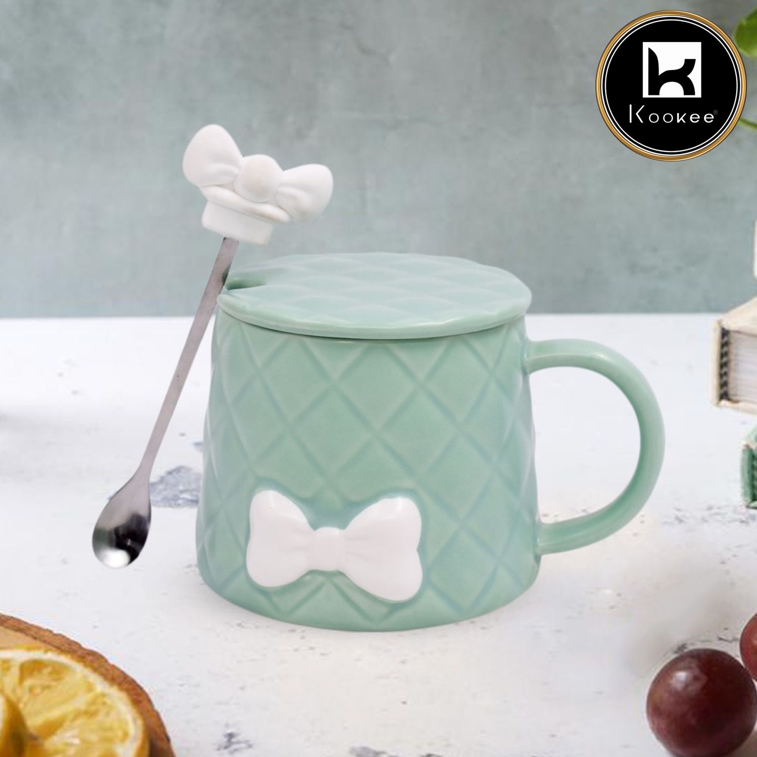 Kookee Fancy Ceramic Coffee or Tea Mug with Lid and Handle with Spoon for Office, Home or Gifting - 325ml