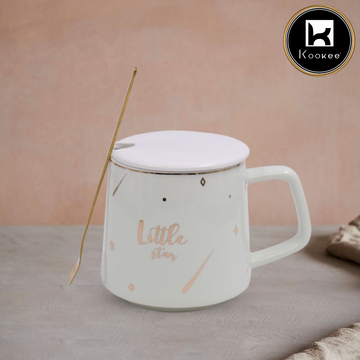 Kookee Fancy Ceramic Coffee or Tea Mug with Lid and Handle with Spoon for Office, Home or Gifting - 250ml
