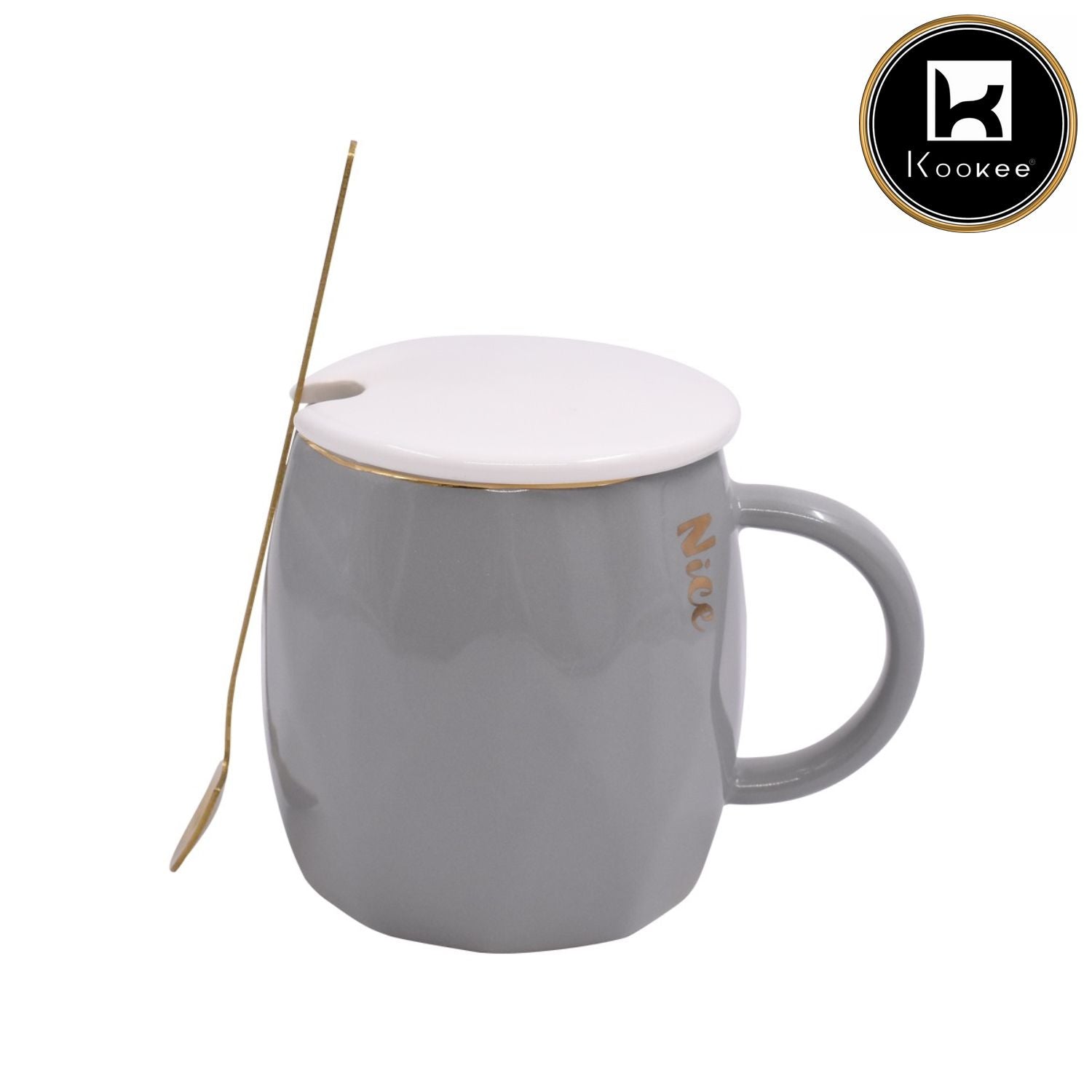 Fancy Ceramic Coffee or Tea Mug with Lid and Handle with Spoon (8438)