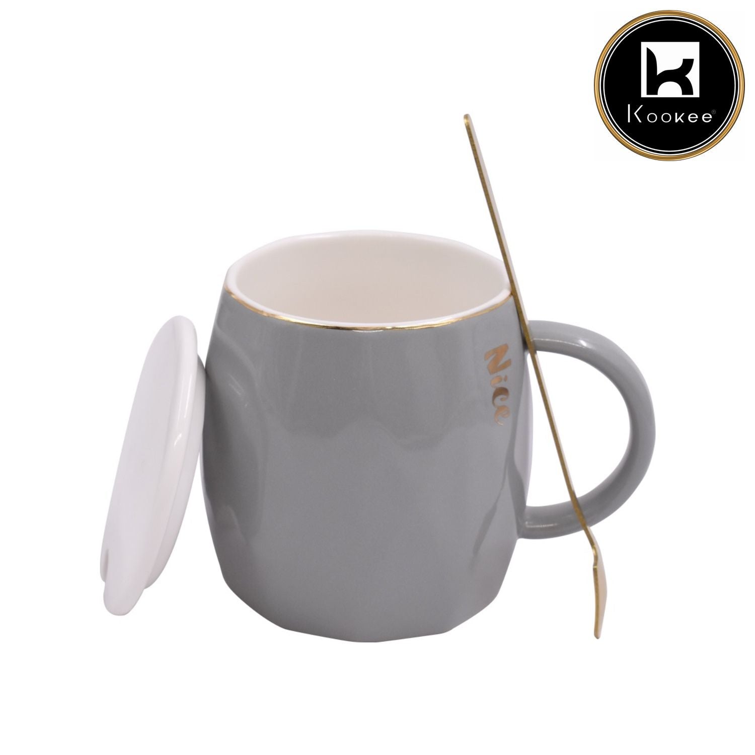 Fancy Ceramic Coffee or Tea Mug with Lid and Handle with Spoon (8438)