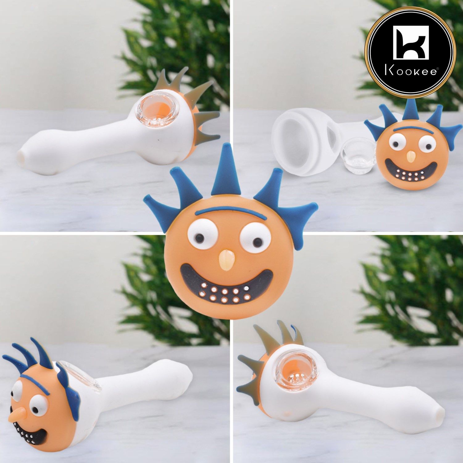 Kookee Silicone Smoking Pipe, Unbreakable Tobacco Pipes with Glass Bowl, Rick and Morty, White