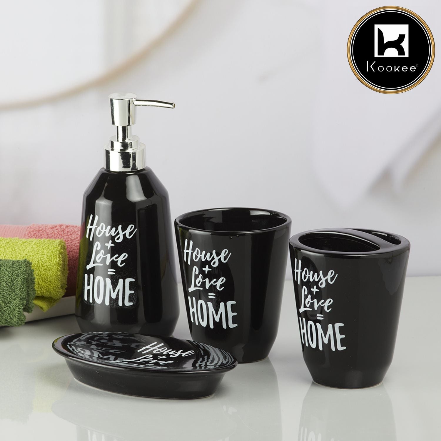 Kookee Ceramic Bathroom Accessories Set of 4, Modern Bath Set with Liquid handwash Soap Dispenser and Toothbrush holder, Luxury Gift Accessory for Home, Black