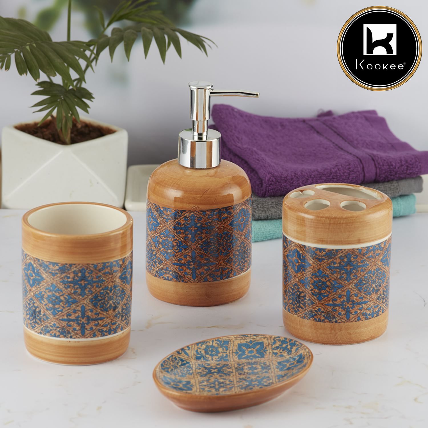 Ceramic Bathroom Accessories Set of 4 with Soap Dispenser (9859)