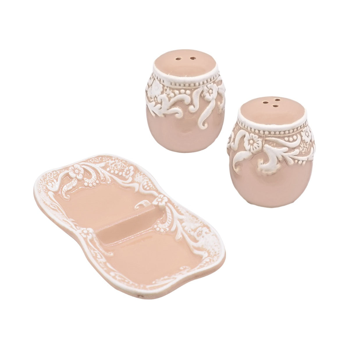 Ceramic Salt and Pepper Set with tray, Floral Design, Peach White (8566)
