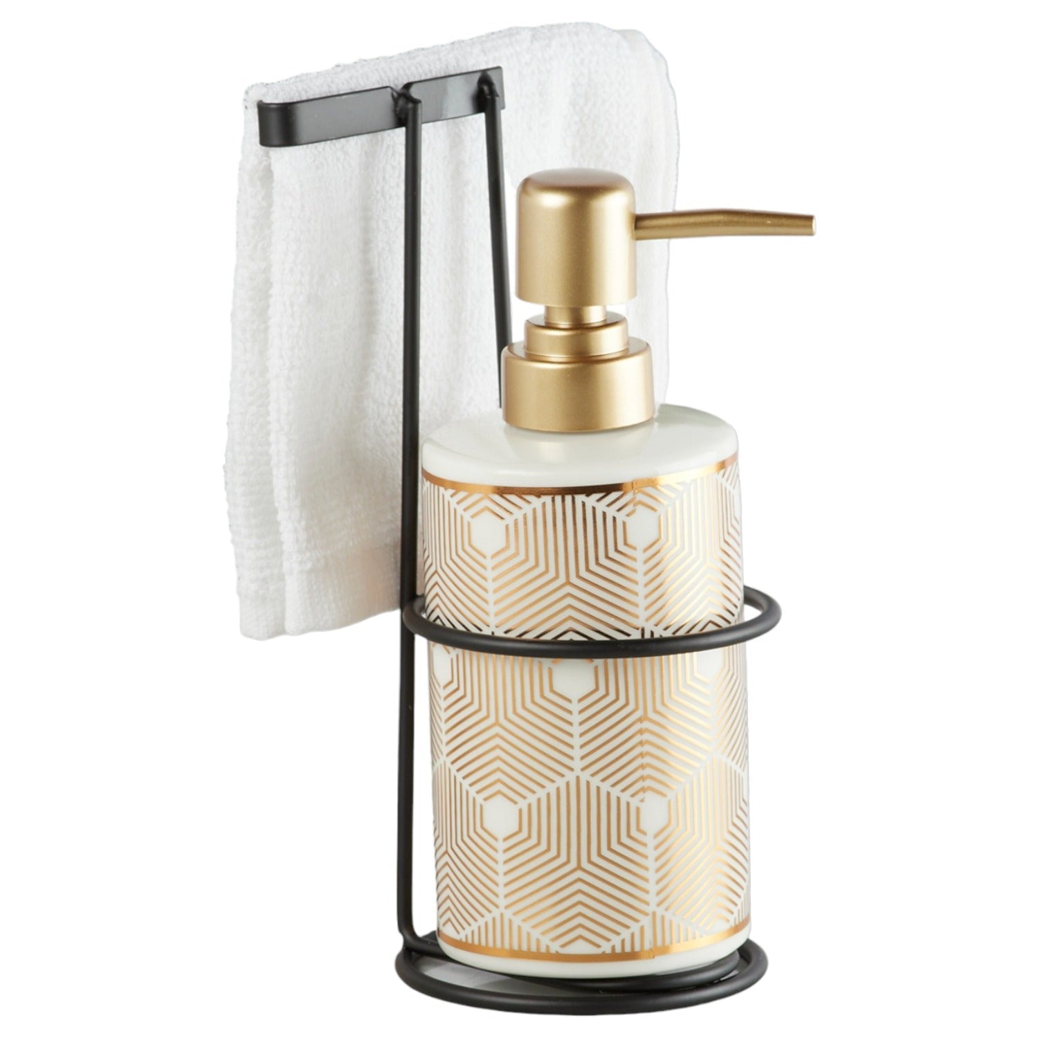 Ceramic Soap Dispenser handwash Pump for Bathroom, Set of 1, White/Gold (10294)