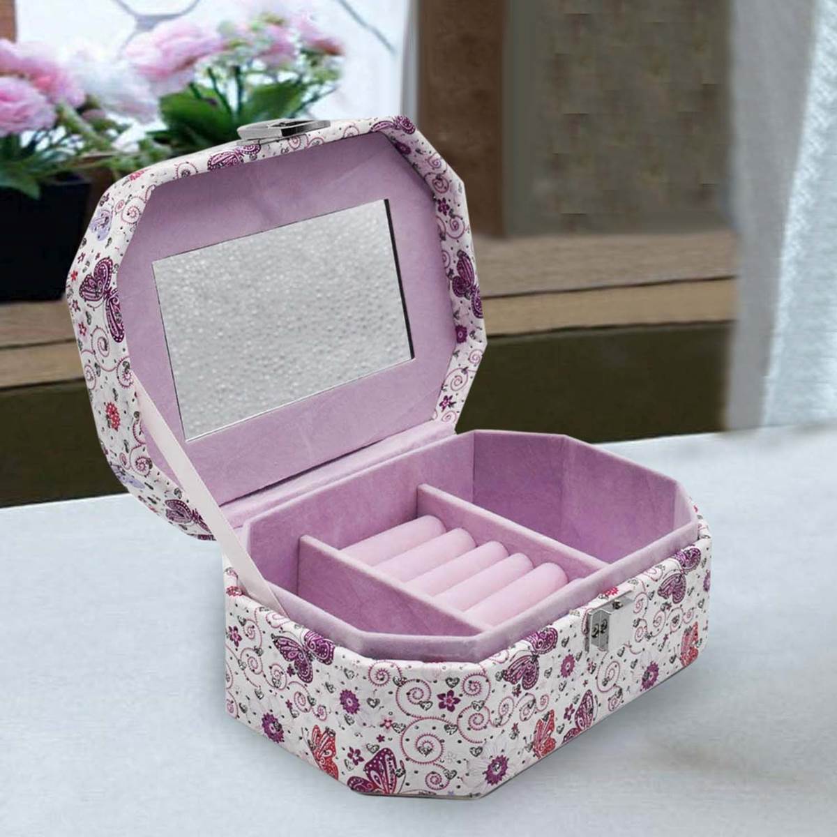 Jewellery Organizer Box with Mirror, 6 Section storage, PU Leather (123-10)