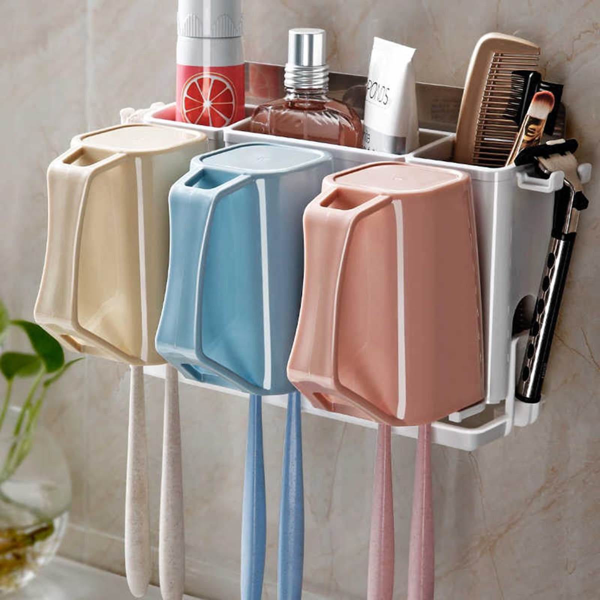 Multifunctional Wall Mounted Self Adhesive Toothbrush Holder for Bathroom with 3 Cups