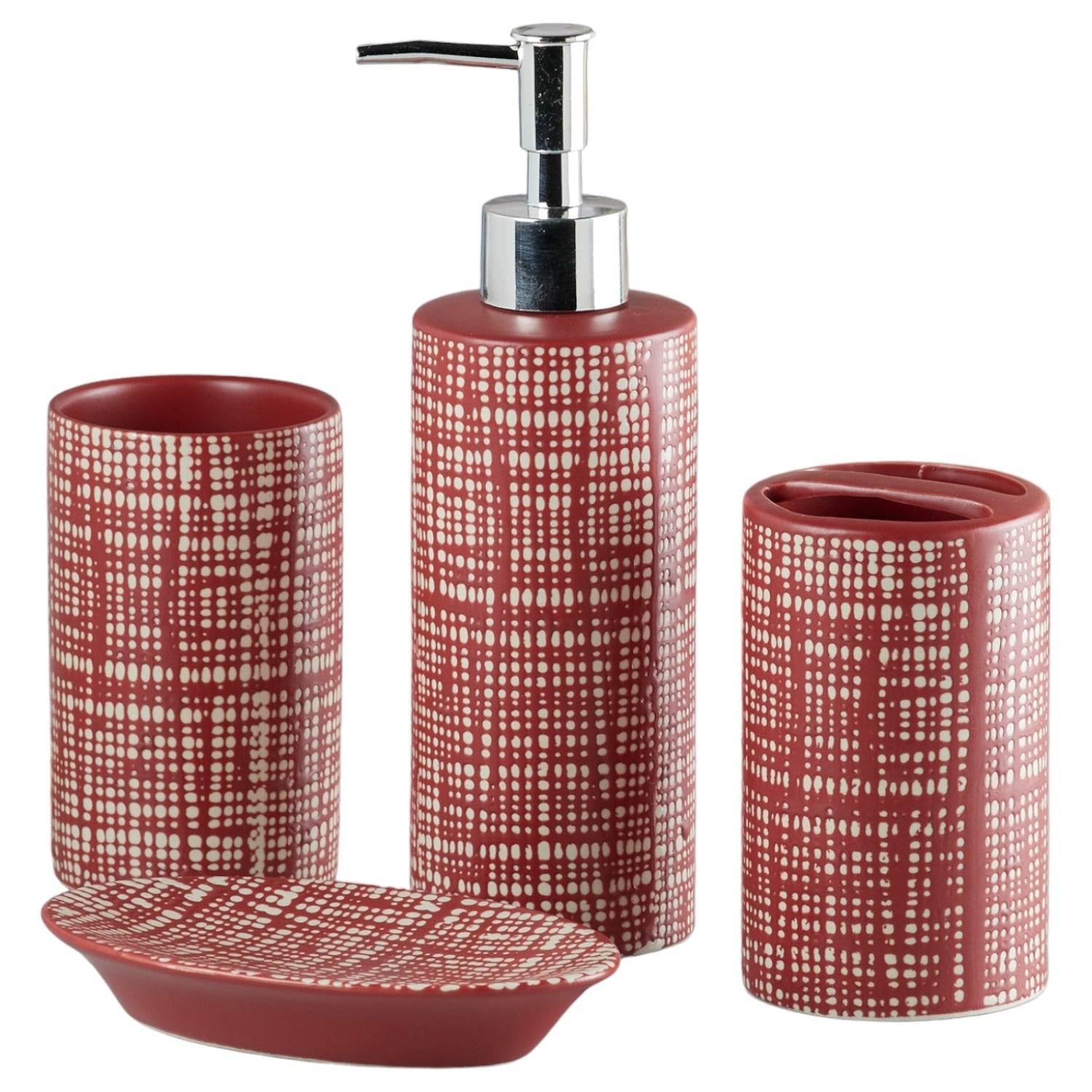 Ceramic Bathroom Set of 4 with Soap Dispenser, Red(5748)