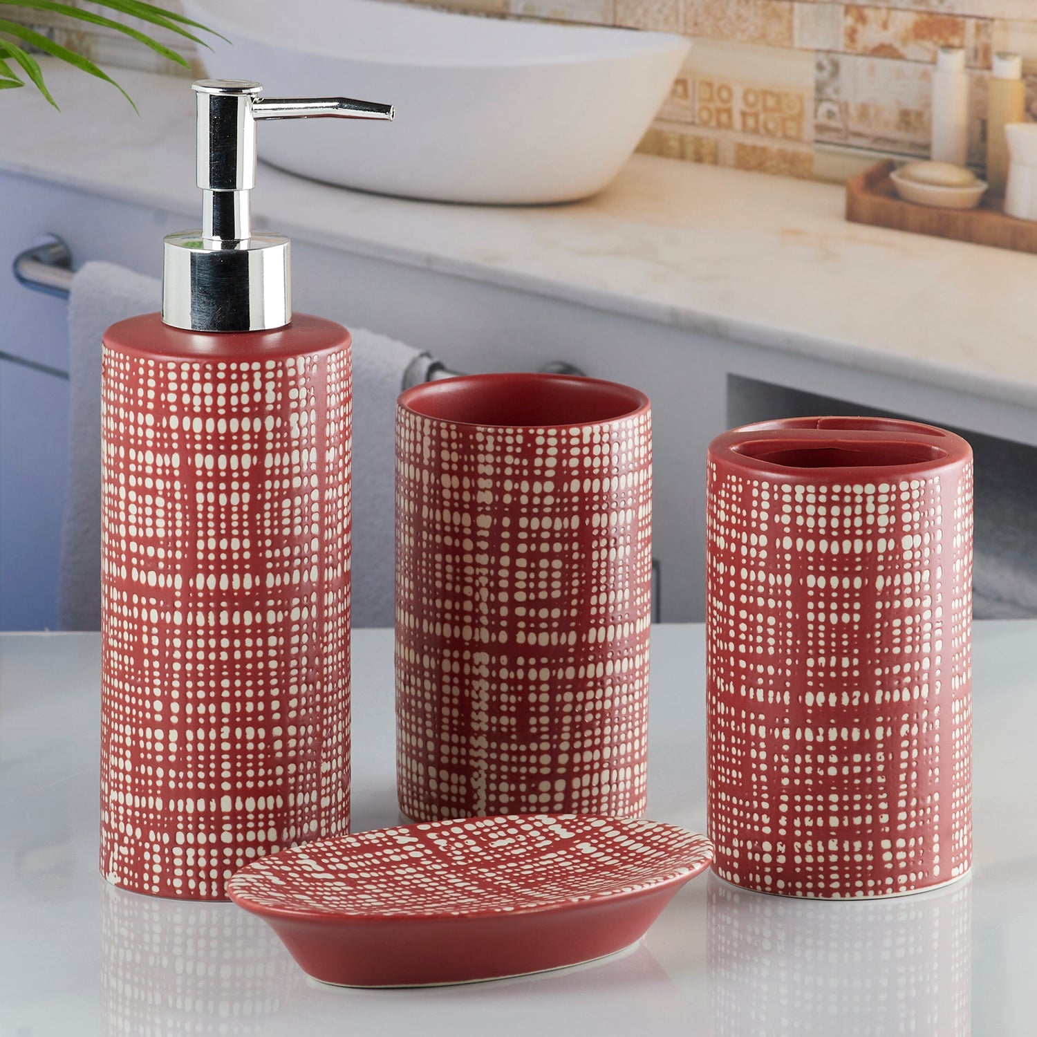 Ceramic Bathroom Set of 4 with Soap Dispenser, Red(5748)