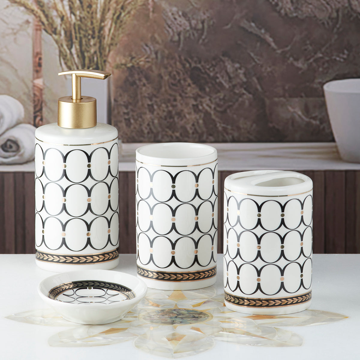 Ceramic Bathroom Accessories Set of 4 Bath Set with Soap Dispenser (10080)