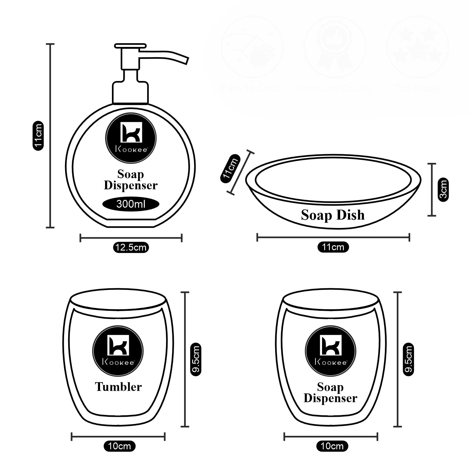 Ceramic Bathroom Accessories Set of 4 with Soap Dispenser, Grey (5752)