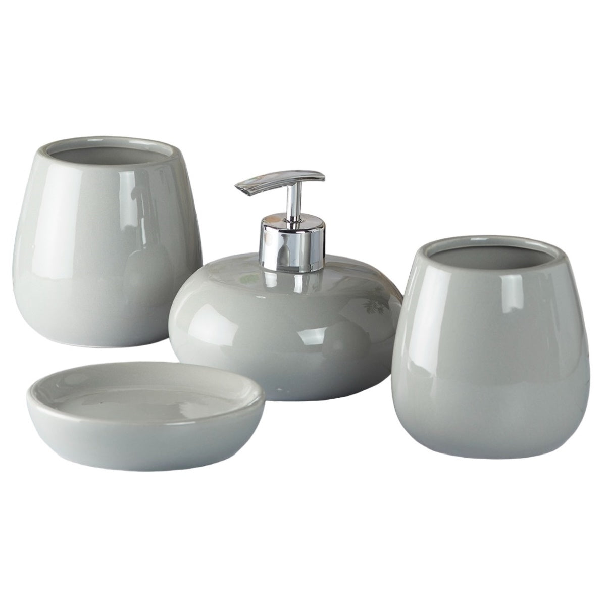 Ceramic Bathroom Accessories Set of 4 with Soap Dispenser, Grey (5752)