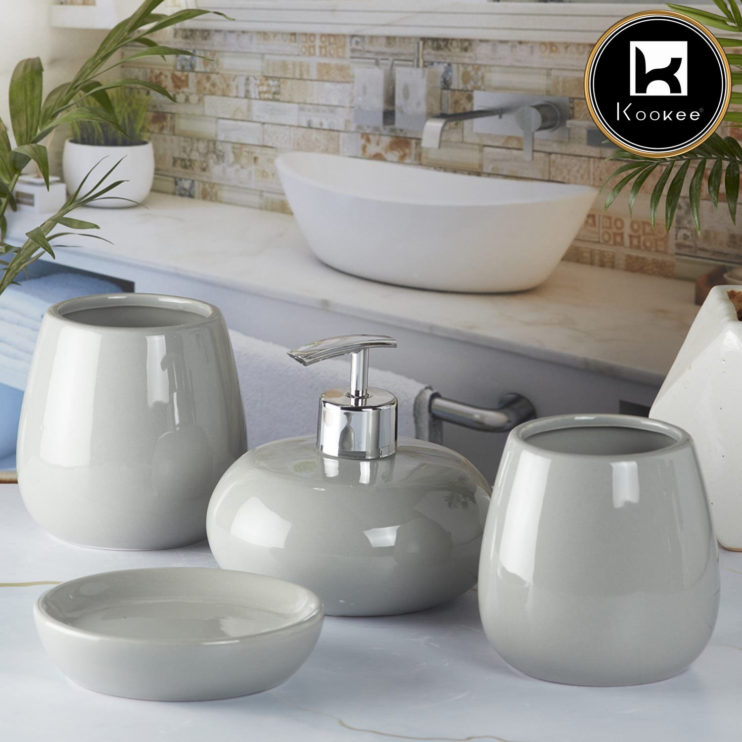 Kookee Ceramic Bathroom Sets, Grey, ART05752