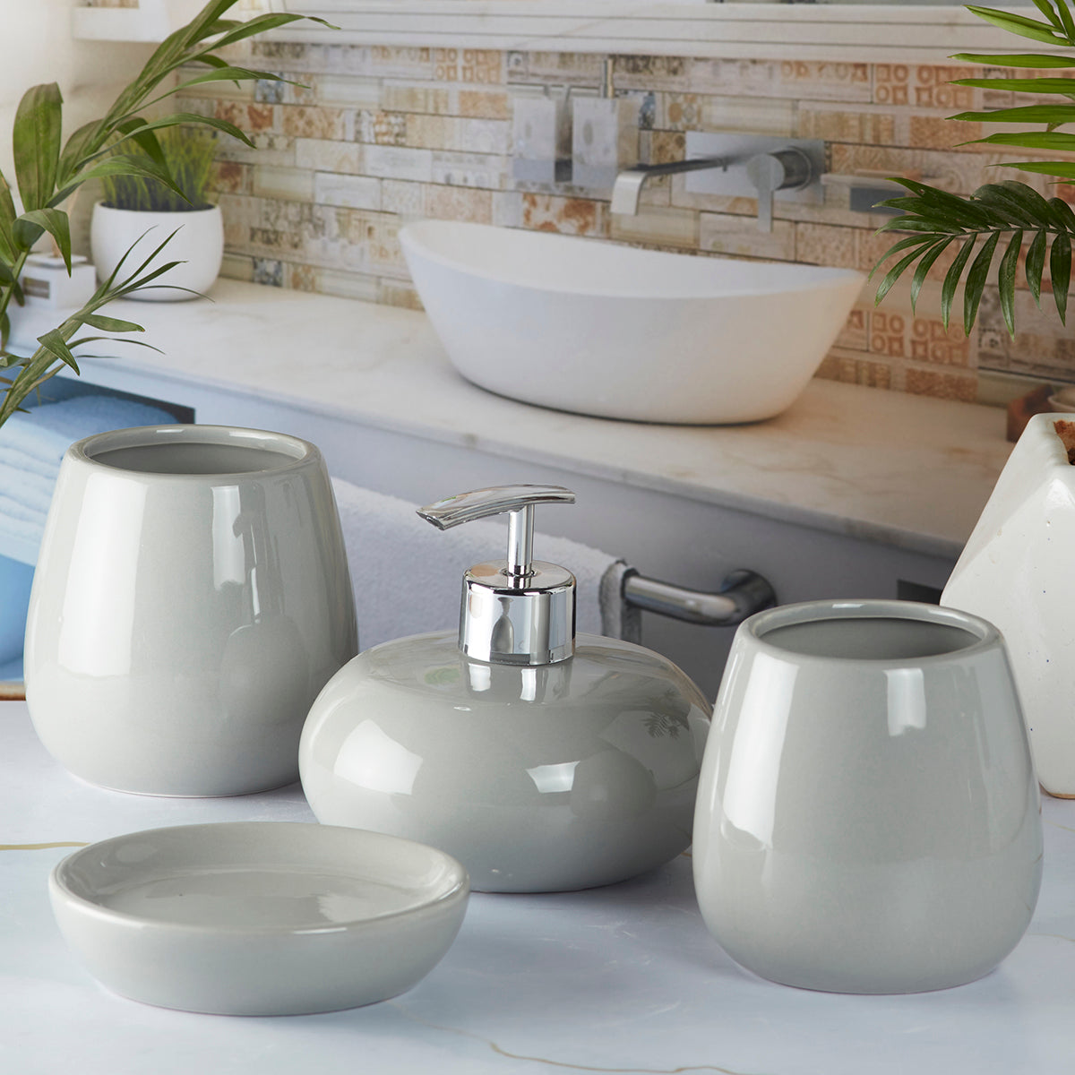 Ceramic Bathroom Accessories Set of 4 with Soap Dispenser, Grey (5752)