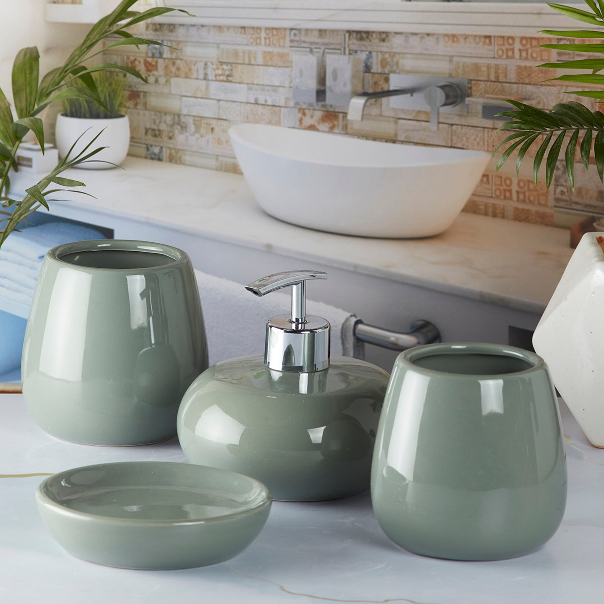 Ceramic Bathroom Accessories Set of 4 with Soap Dispenser, Grey (5752)