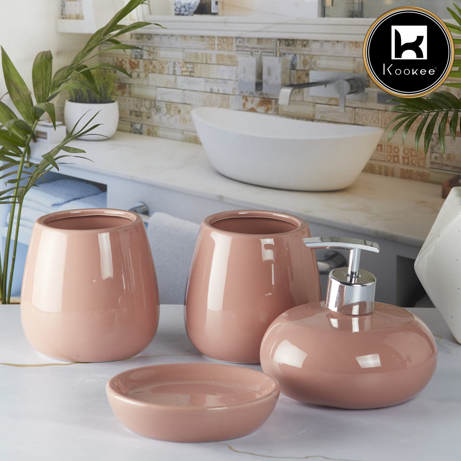 Kookee Ceramic Bathroom Sets, Pink, ART05755