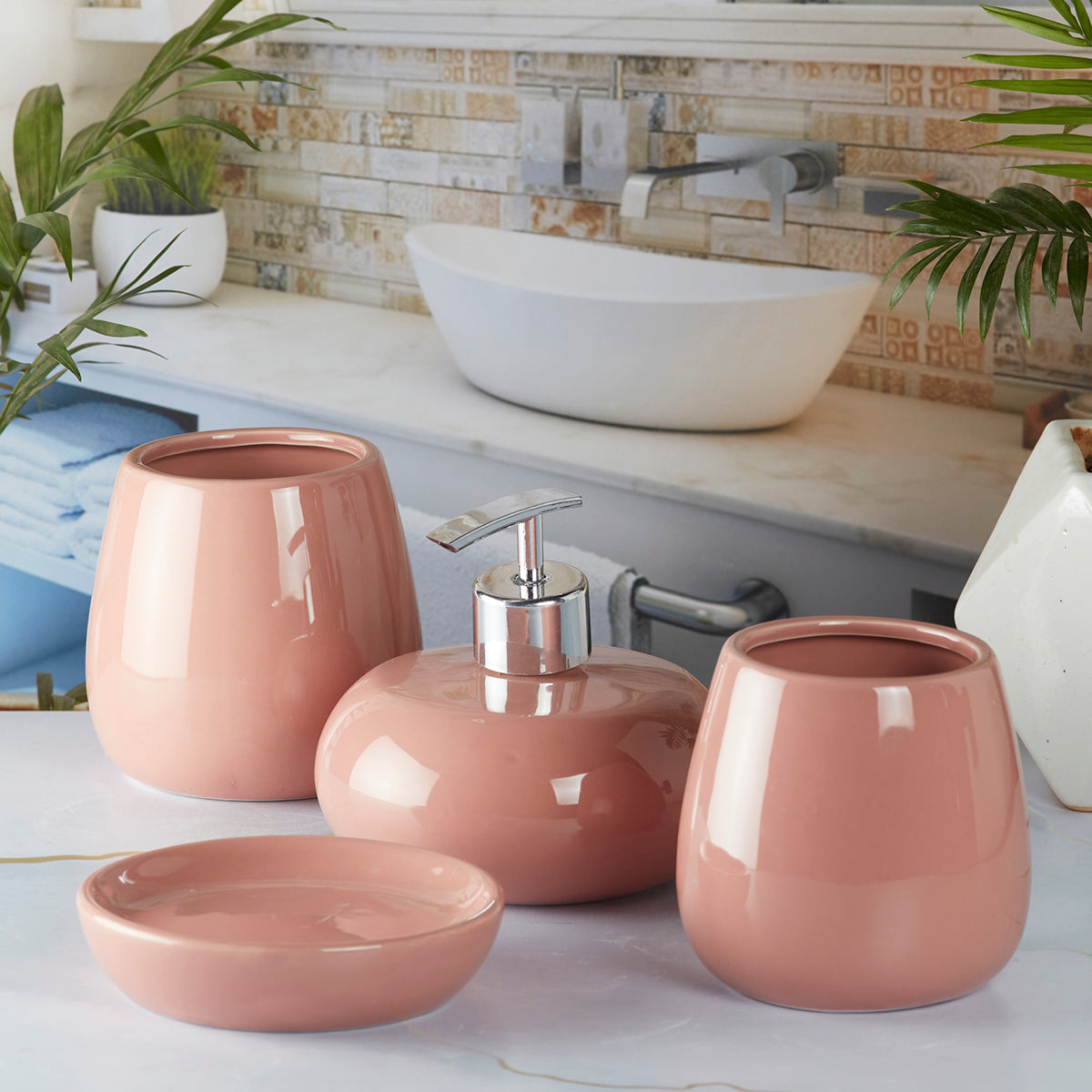 Ceramic Bathroom Accessories Set of 4 with Soap Dispenser, Grey (5752)