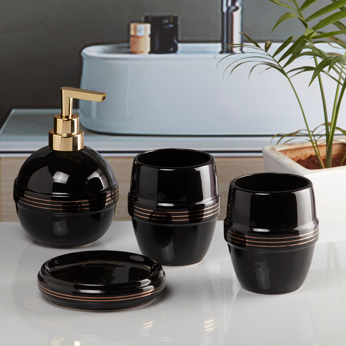 Ceramic Bathroom Accessories Set of 4 with Soap Dispenser (8224)