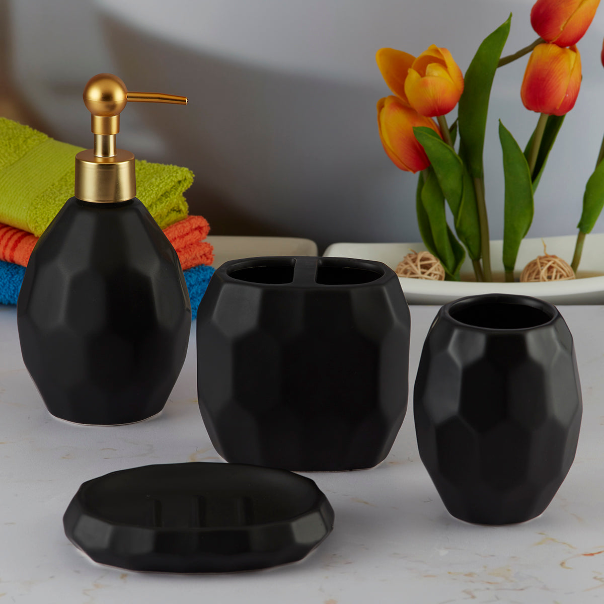 Ceramic Bathroom Accessories Set of 4 with Soap Dispenser, Green (5759)