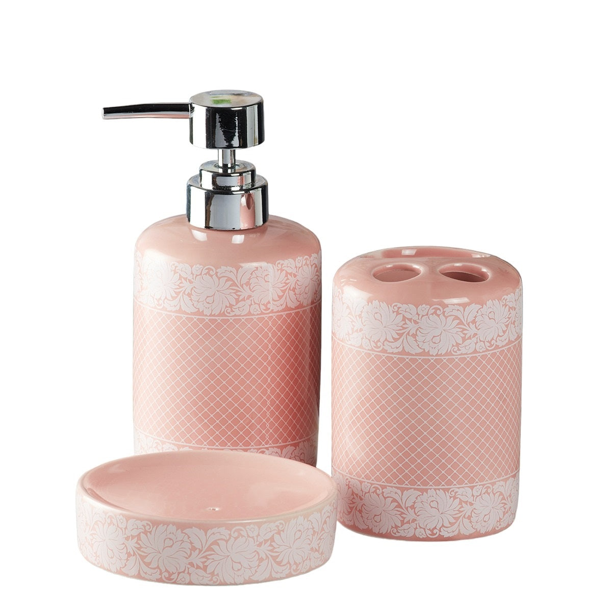 Ceramic Bathroom Accessories Set of 3 with Soap Dispenser, Pink (5763)