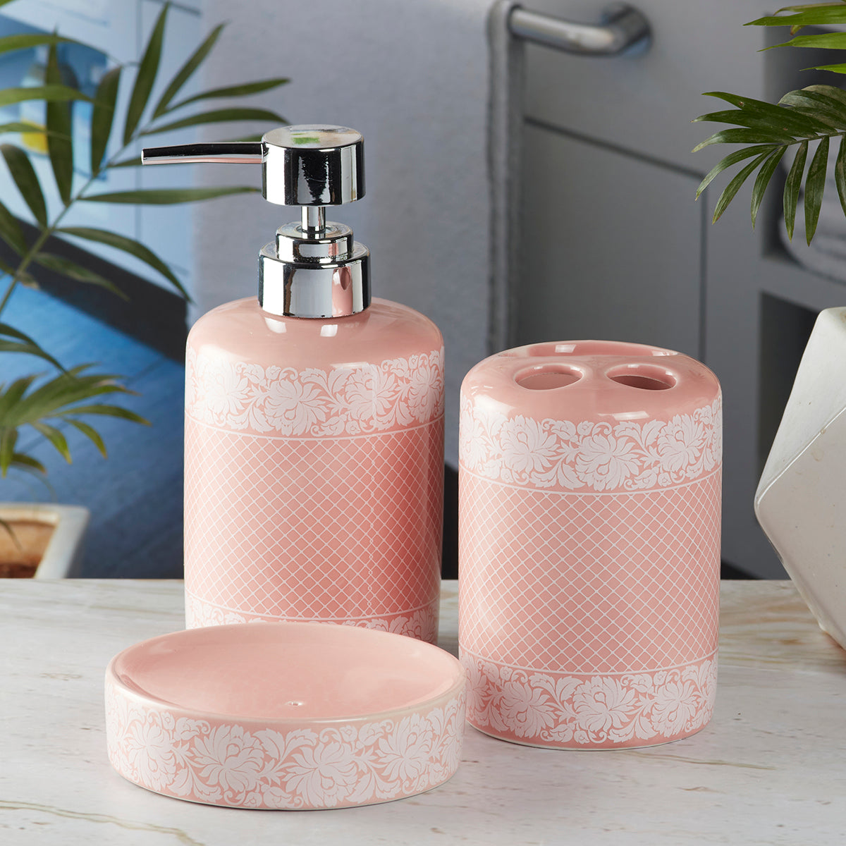 Ceramic Bathroom Accessories Set of 3 with Soap Dispenser, Pink (5763)