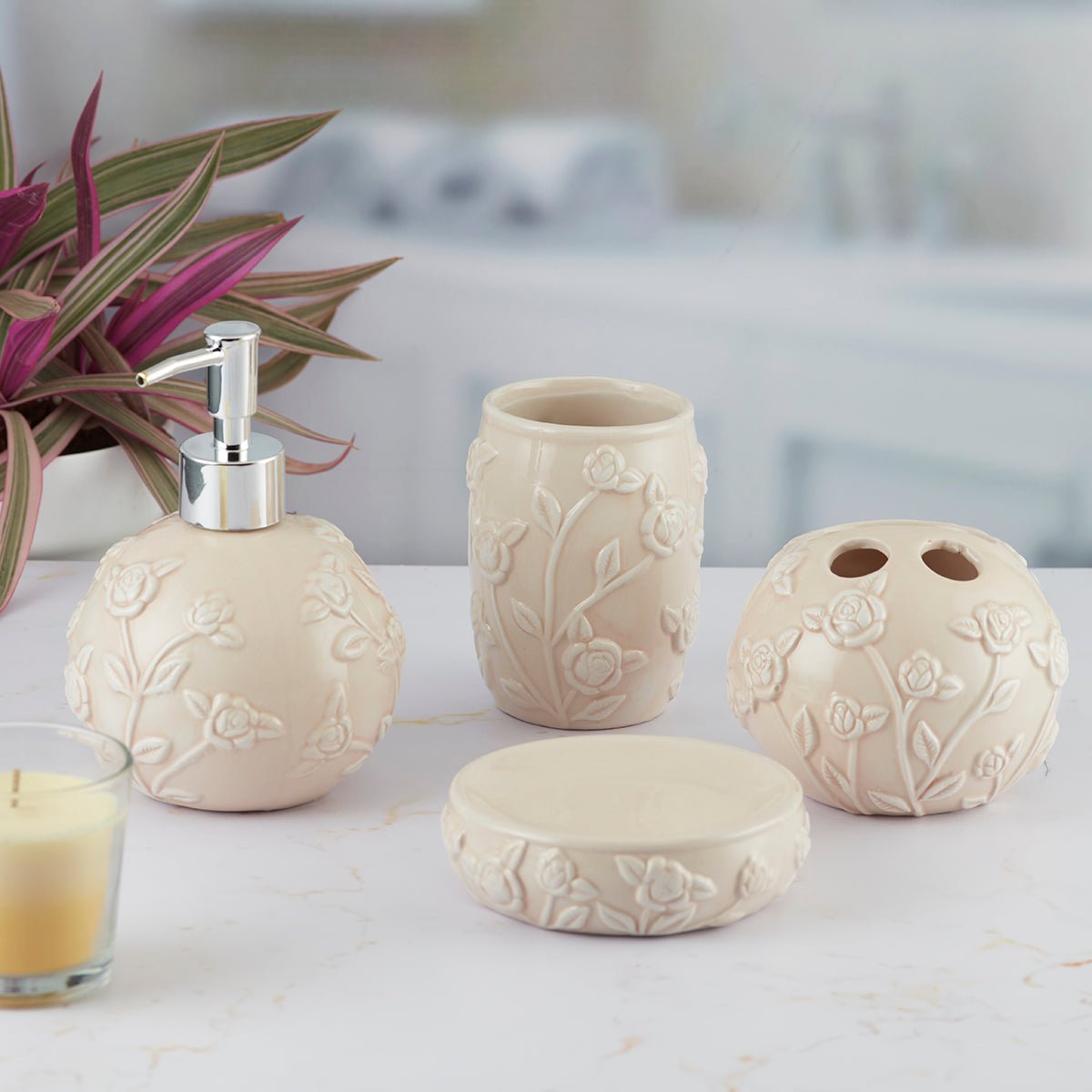 Ceramic Bathroom Accessories Set of 4 with Soap Dispenser (5774)