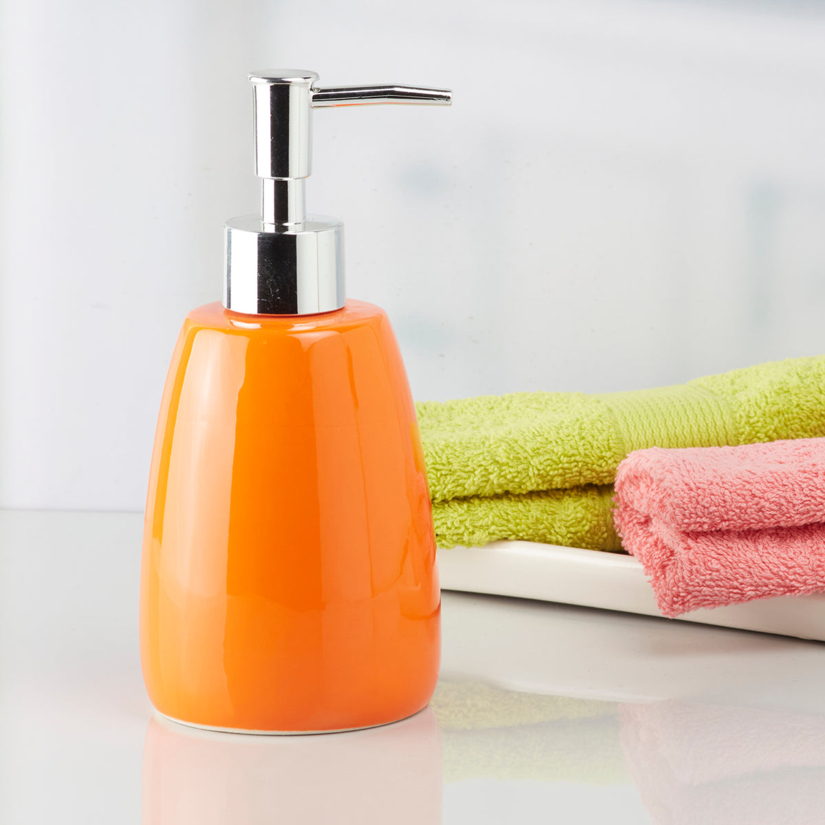 Kookee Ceramic Soap Dispenser for Bathroom handwash, refillable pump bottle for Kitchen hand wash basin, Set of 1, Orange (6033)
