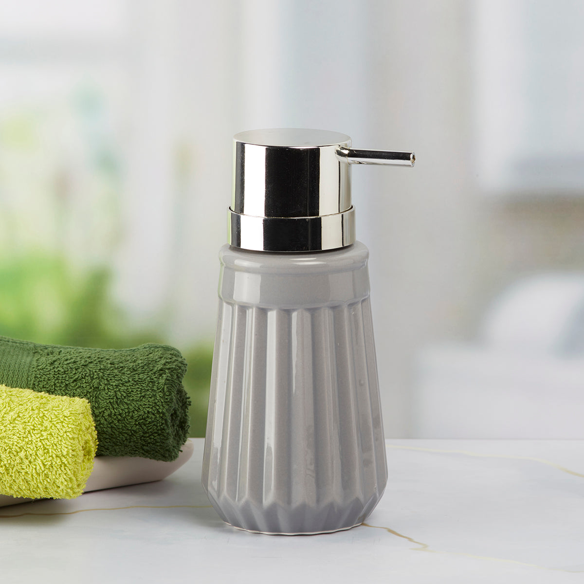 Kookee Ceramic Soap Dispenser for Bathroom handwash, refillable pump bottle for Kitchen hand wash basin, Set of 1, Grey (6034)