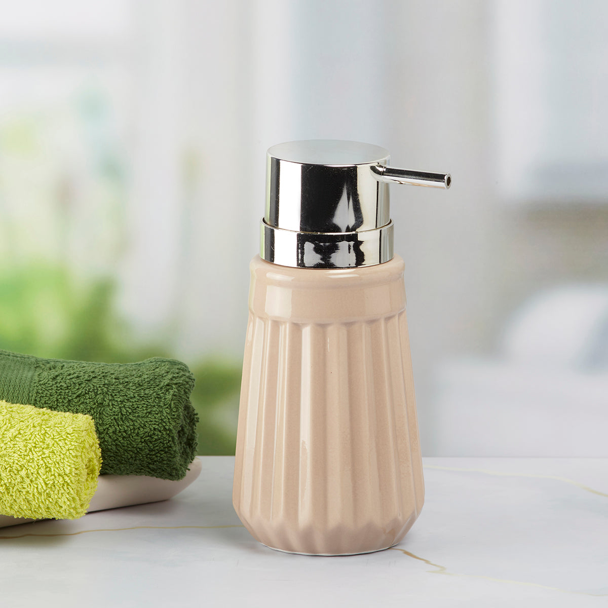 Kookee Ceramic Soap Dispenser for Bathroom handwash, refillable pump bottle for Kitchen hand wash basin, Set of 1, Beige (6035)