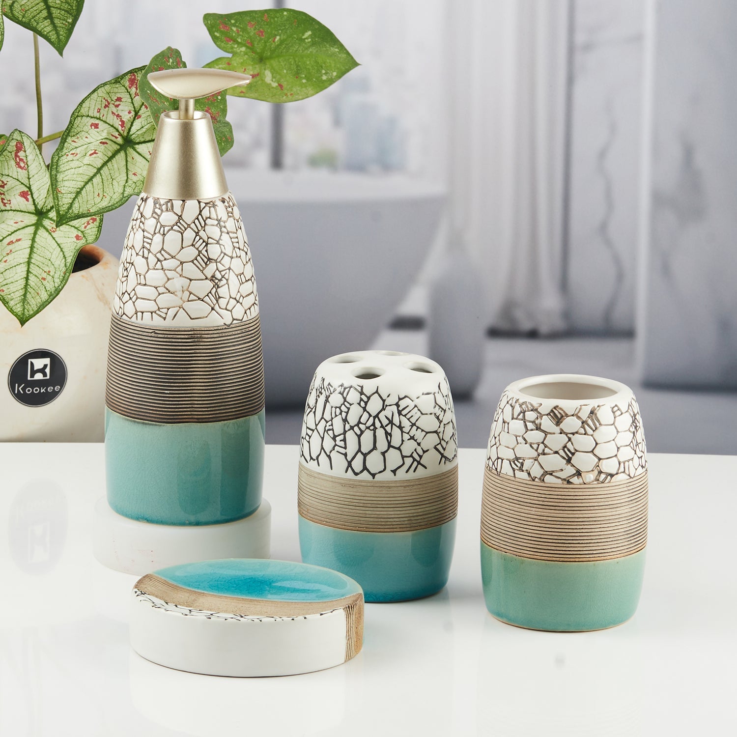 Ceramic Bathroom Accessories Set of 4 with Soap Dispenser (6251)