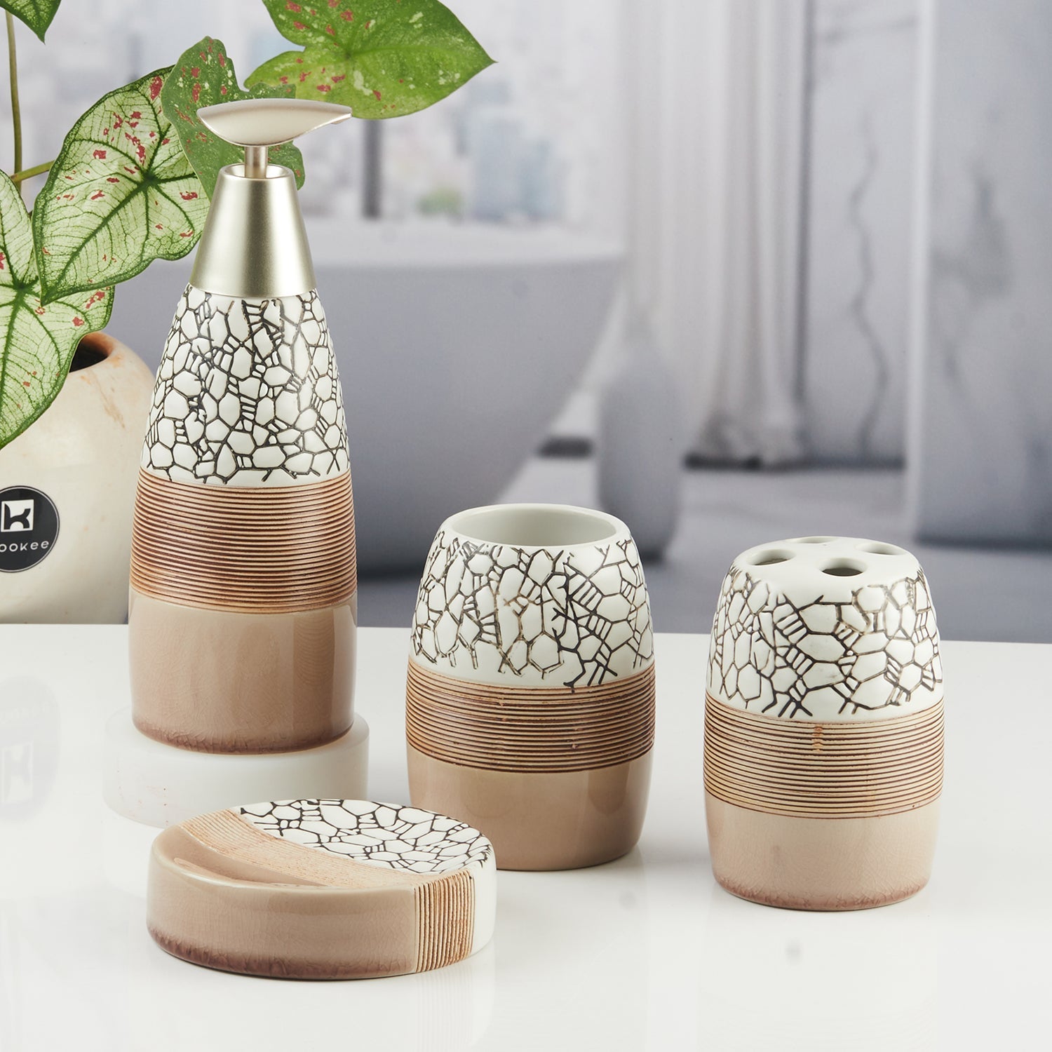 Ceramic Bathroom Accessories Set of 4 with Soap Dispenser (6253)