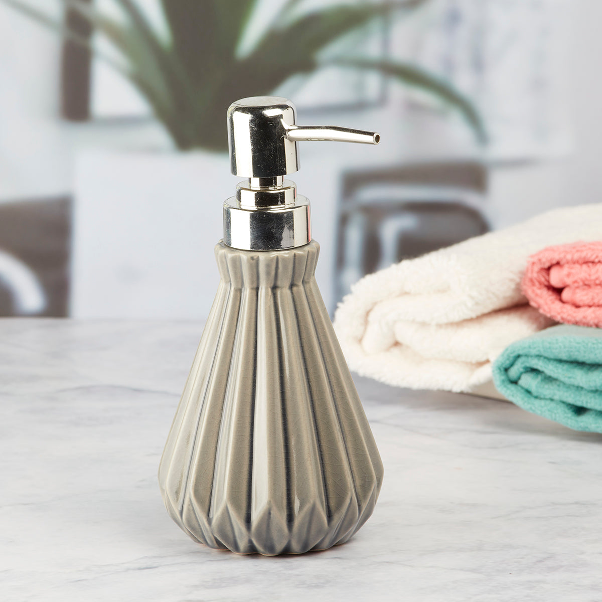 Kookee Ceramic Soap Dispenser for Bathroom handwash, refillable pump bottle for Kitchen hand wash basin, Set of 1, Grey (7619)