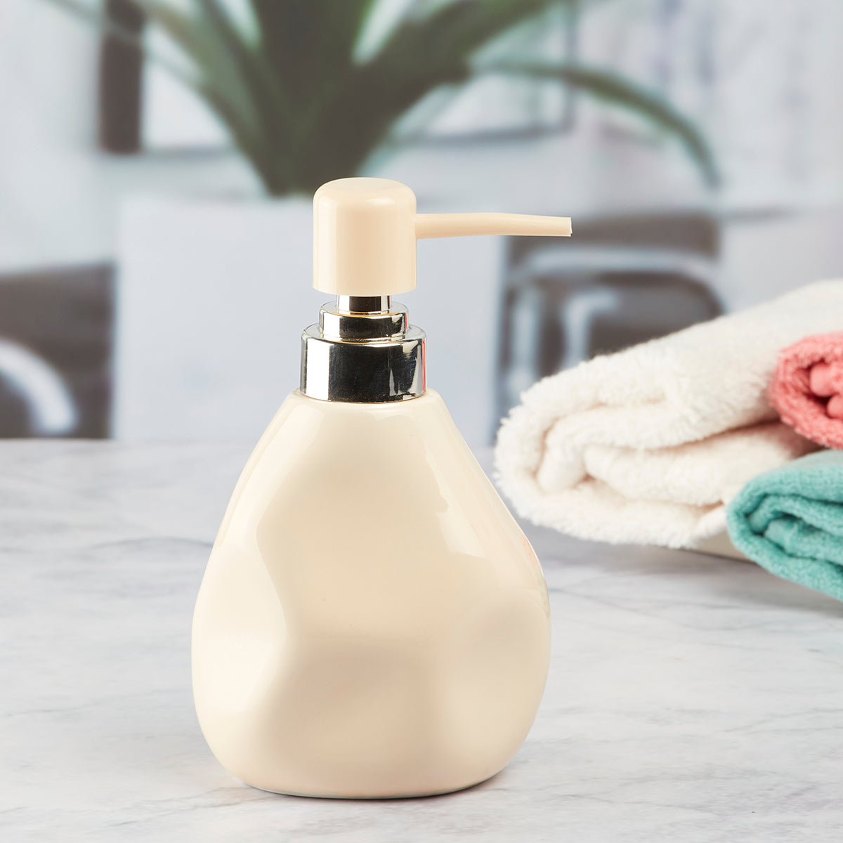 Kookee Ceramic Soap Dispenser for Bathroom handwash, refillable pump bottle for Kitchen hand wash basin, Set of 1, Beige (7625)