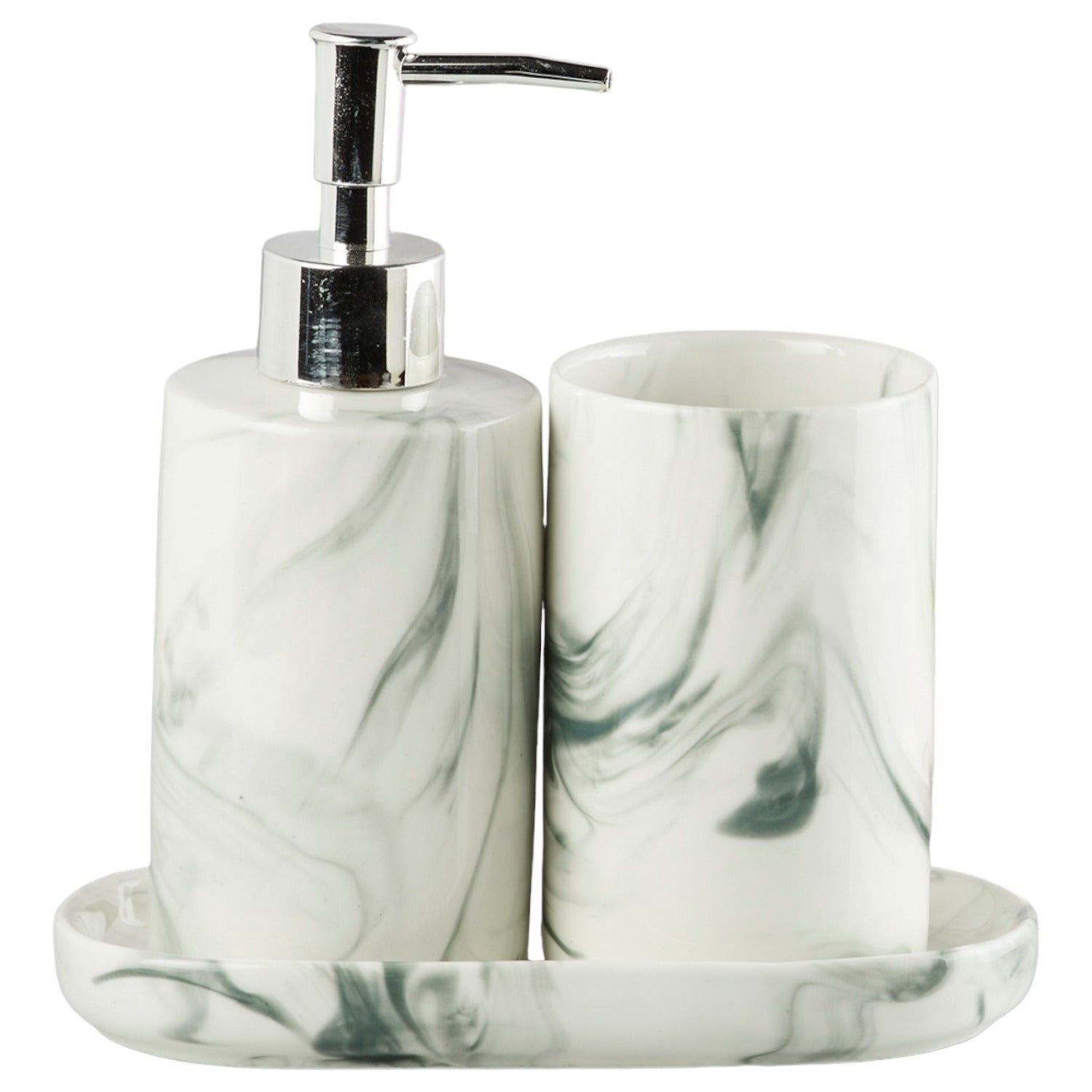 Ceramic Bathroom Set of 3 with Soap Dispenser, White (V-CBS-017-1)