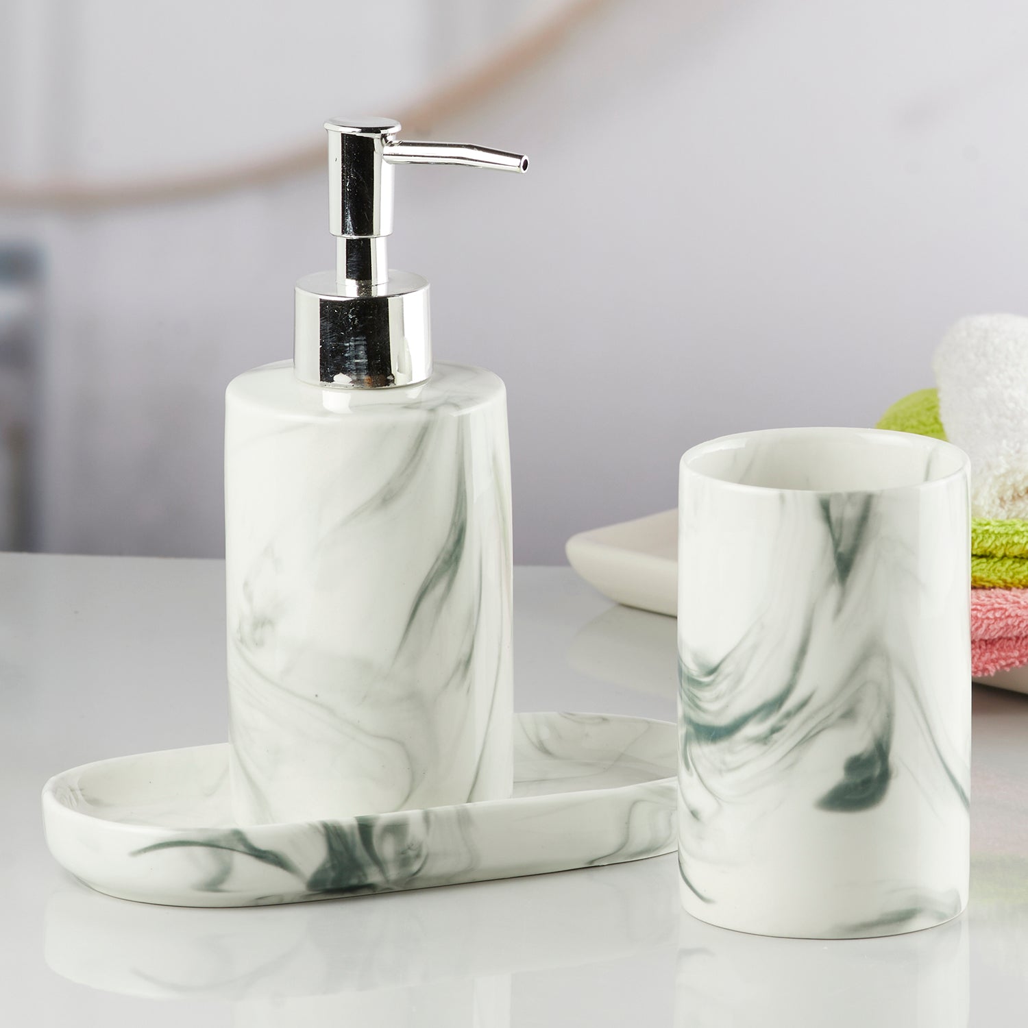 Ceramic Bathroom Accessories Set of 3 with Soap Dispenser, White (7648)