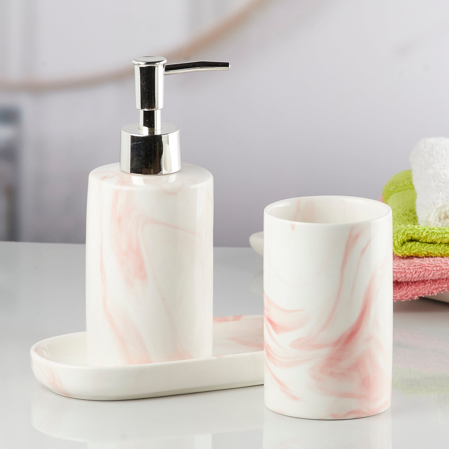 Ceramic Bathroom Accessories Set of 3 with Soap Dispenser, White (7648)