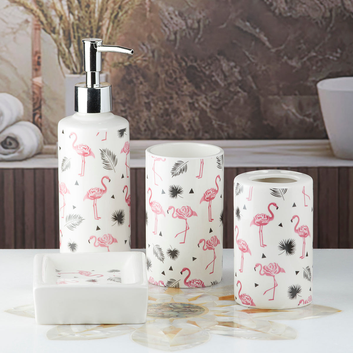 Ceramic Bathroom Accessories Set of 4 Bath Set with Soap Dispenser (7653)