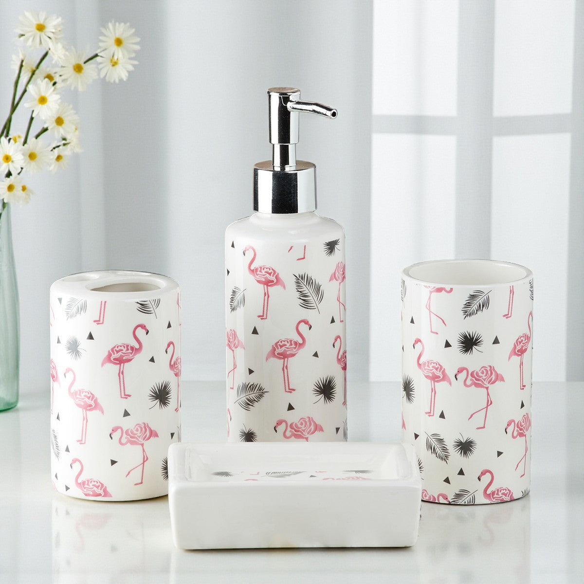 Ceramic Bathroom Set of 4 with Soap Dispenser (7652)