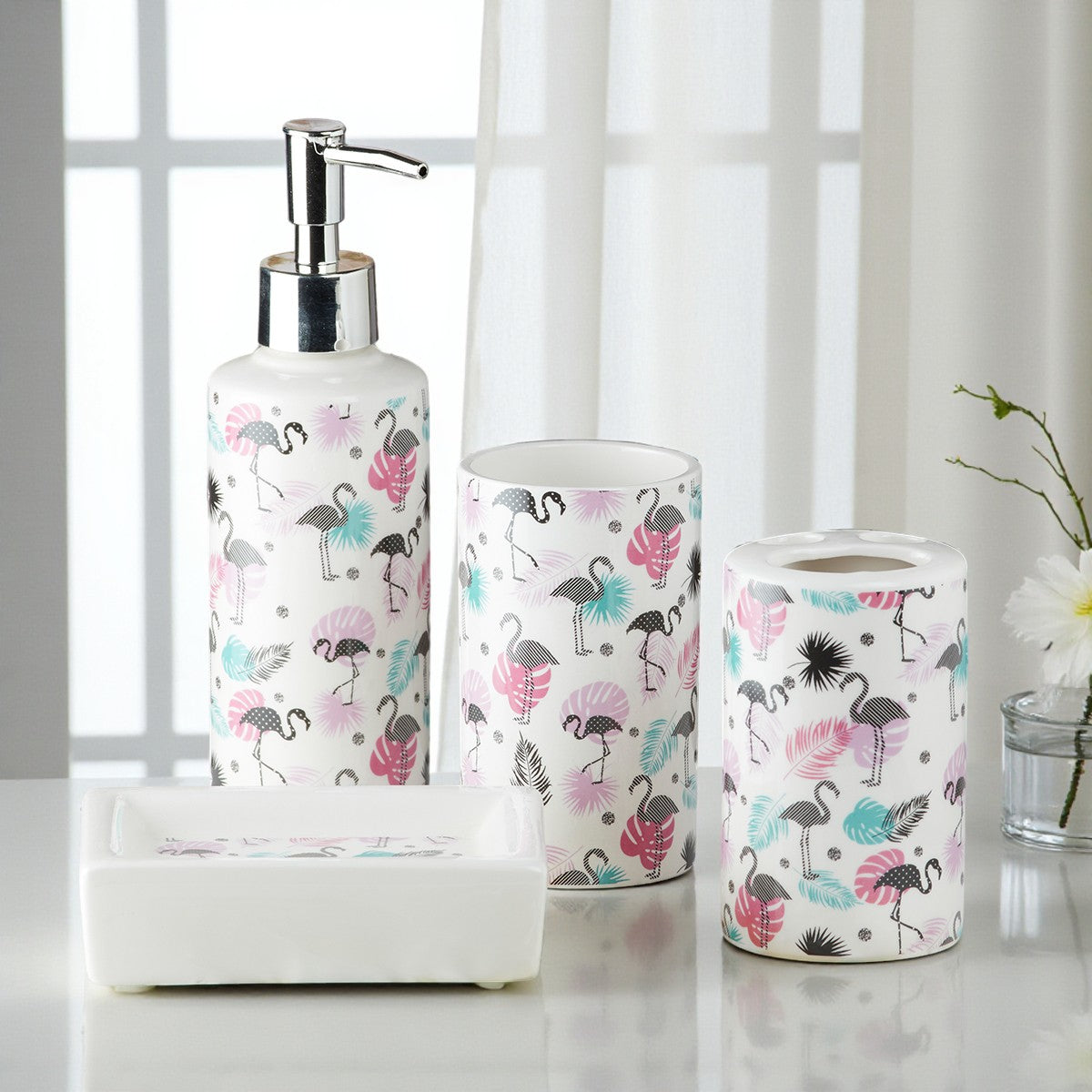 Ceramic Bathroom Set of 4 with Soap Dispenser (7653)