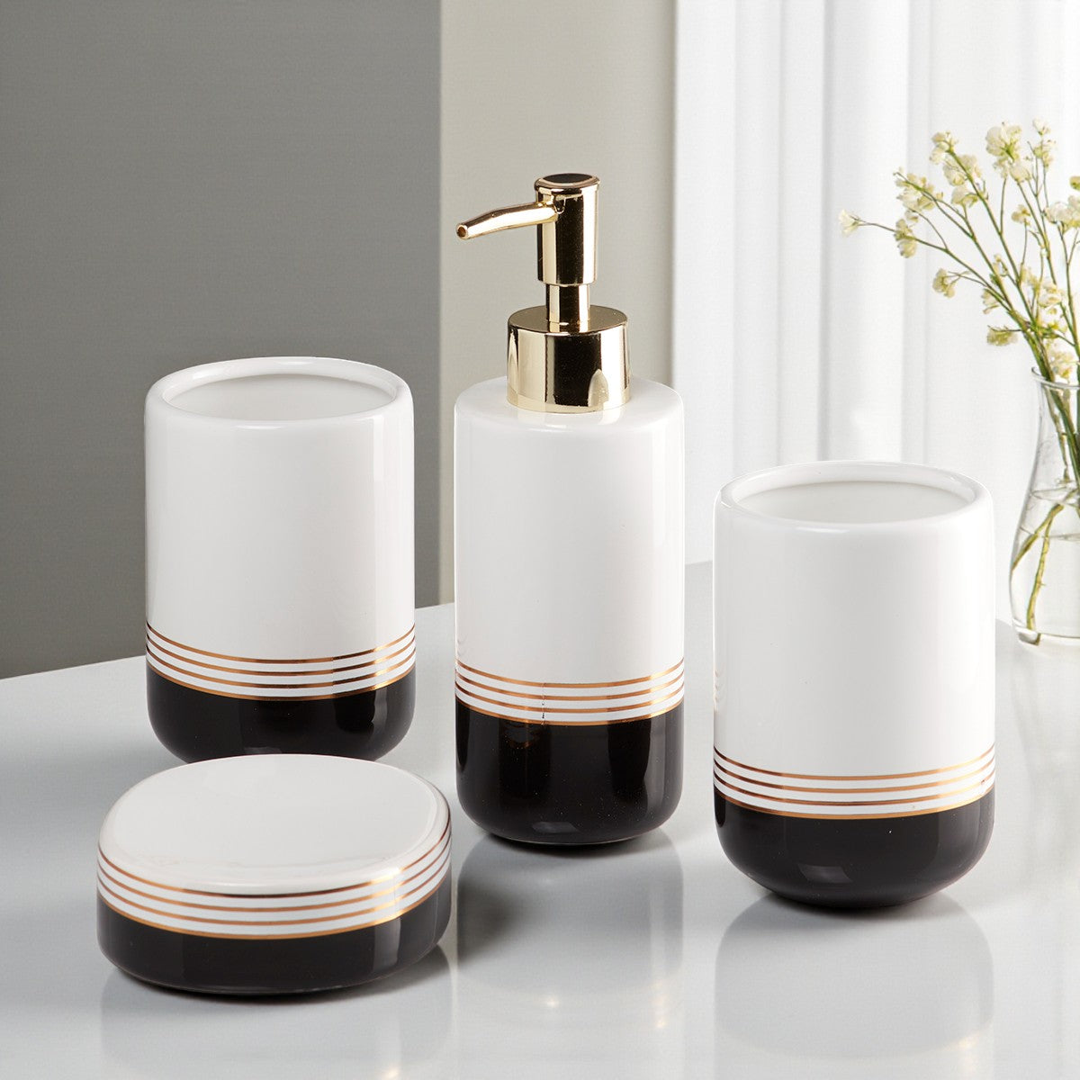 Ceramic Bathroom Set of 4 with Soap Dispenser (7656)